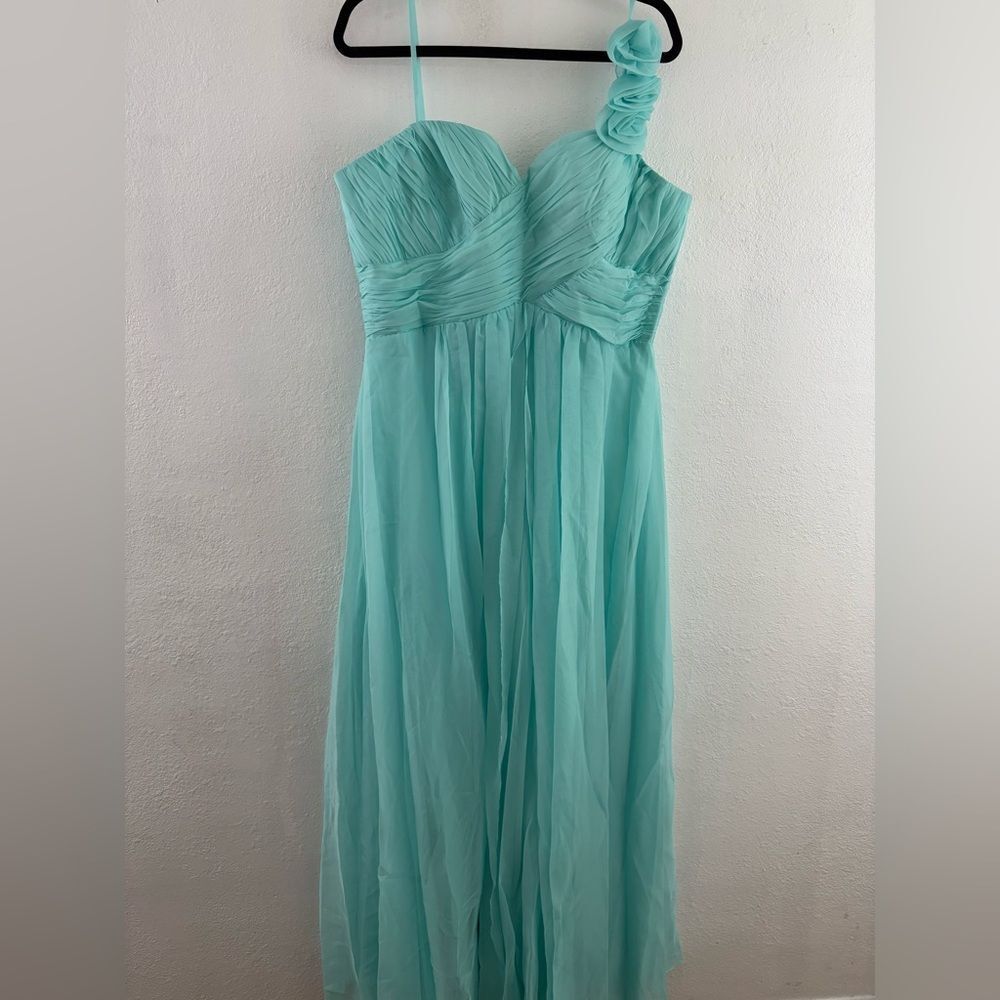 J&J Turquoise Strapless Pleated Top one shoulder flower detail dress size 16